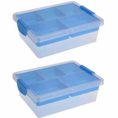 2x blauwe opbergboxen/sorteerdozen met 5-vaks tray 33 cm