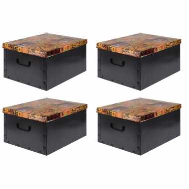 4x opbergboxen/opbergdozen zwart 50 x 38 cm