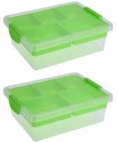 2x groene opbergboxen sorteerdozen met 5 vaks tray 33 cm
