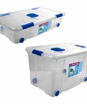 2x opbergboxen opbergdozen met deksel en wieltjes 30 en 55 liter kunststof transparant blauw