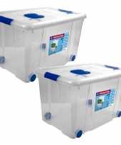 2x opbergboxen opbergdozen met deksel en wieltjes 55 liter kunststof transparant blauw