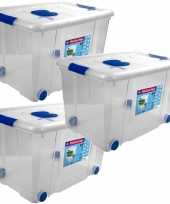 3x opbergboxen opbergdozen met deksel en wieltjes 55 liter kunststof transparant blauw